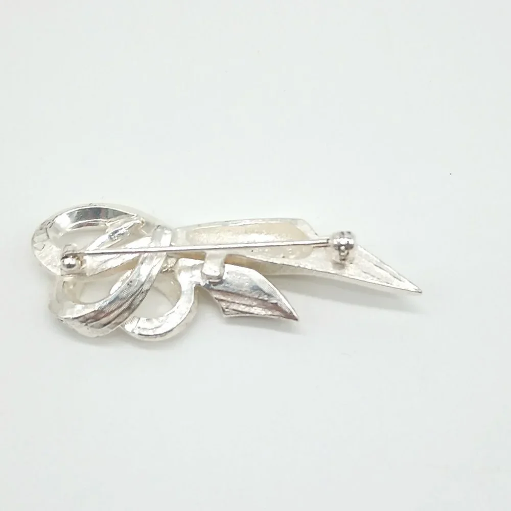 Coro Silver Crystal Ribbon Brooch. Women's Silver Cluster Spray Bow Pin Jewelry